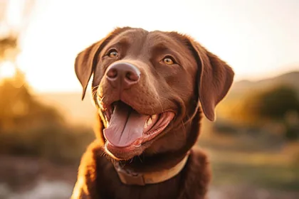 Brauner Labrador bei Sonnenuntergang