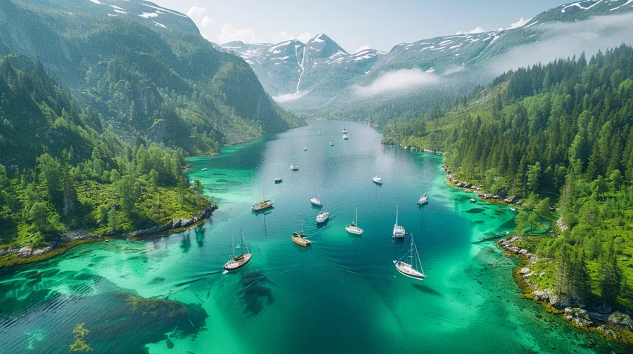 Sailboats in a Green Fjord