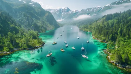 Segelboote im grünen Fjord