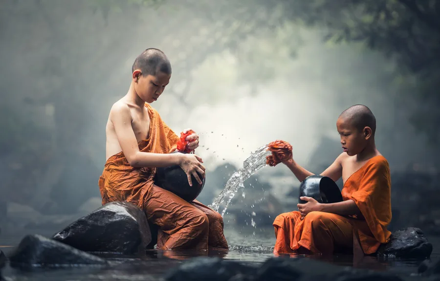 Novice Monks at the Stream