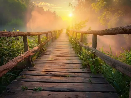 Eine Holzbrücke im Nebel